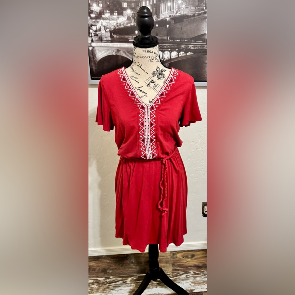 Old Navy Burnt Orange V-Neck Fit & Flare Belted Dress, Size XS